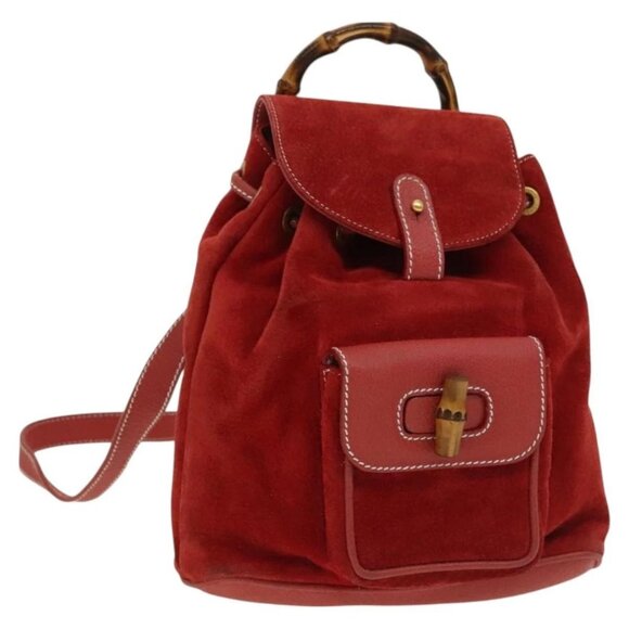 GUCCI Bamboo Backpack Suede Red Gold 003 1998 0030 Auth 127597 - Picture 1 of 16